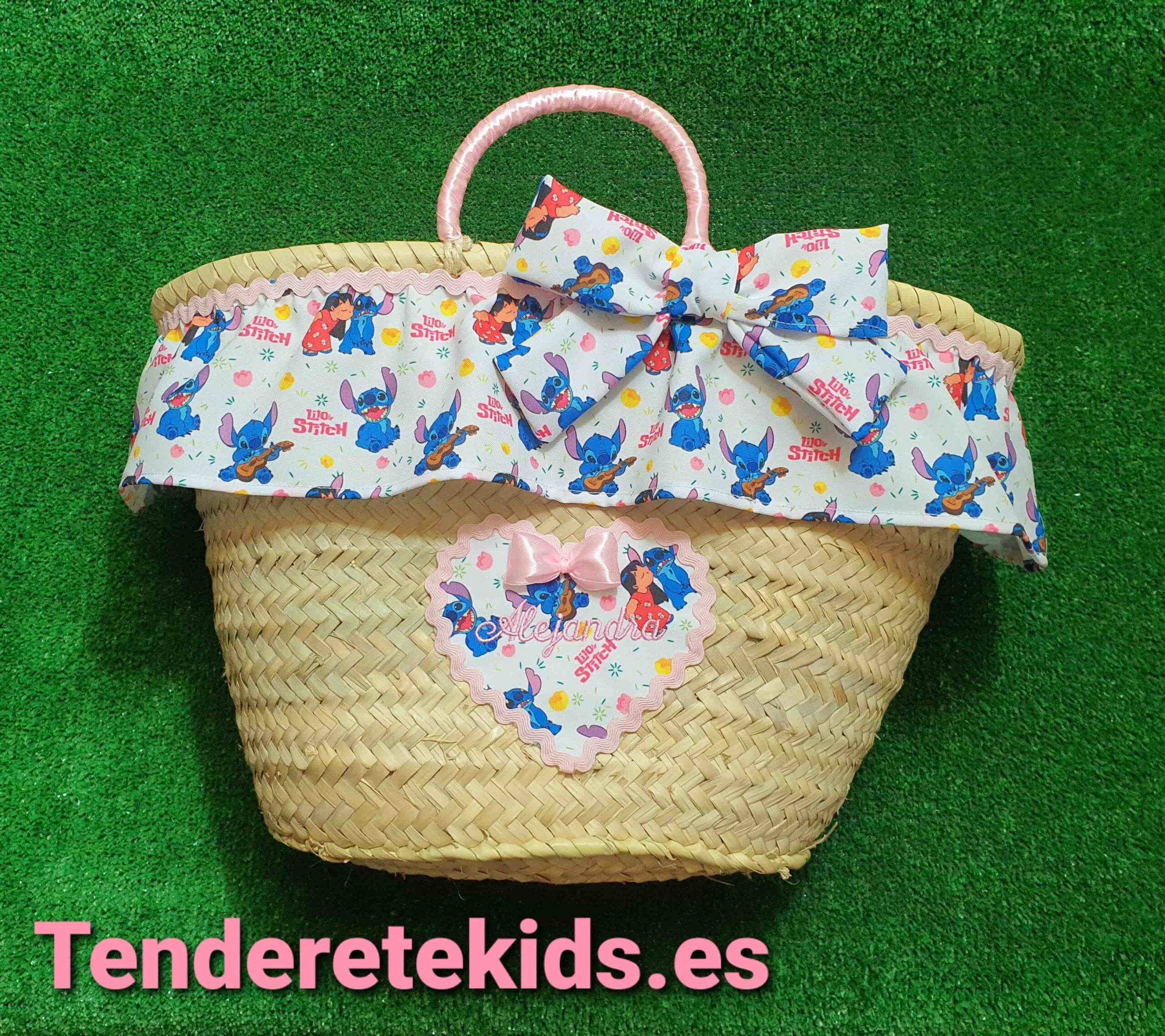 Cesta mediana de playa stich con zigzag rosa bebé personalizada con nombre