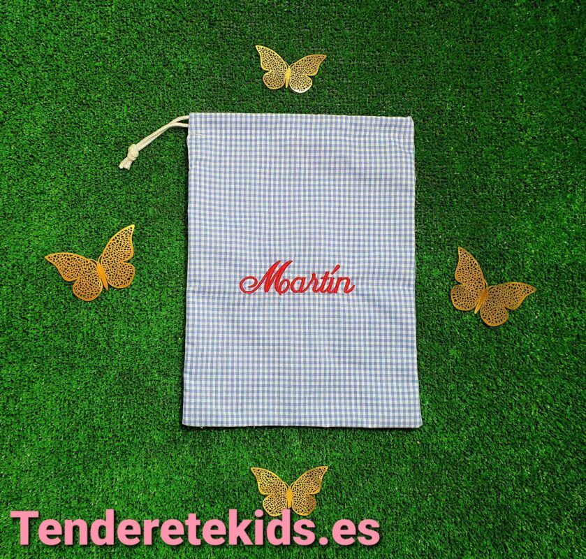 Talega vichy azul personalizable con nombre (Bolsa merienda