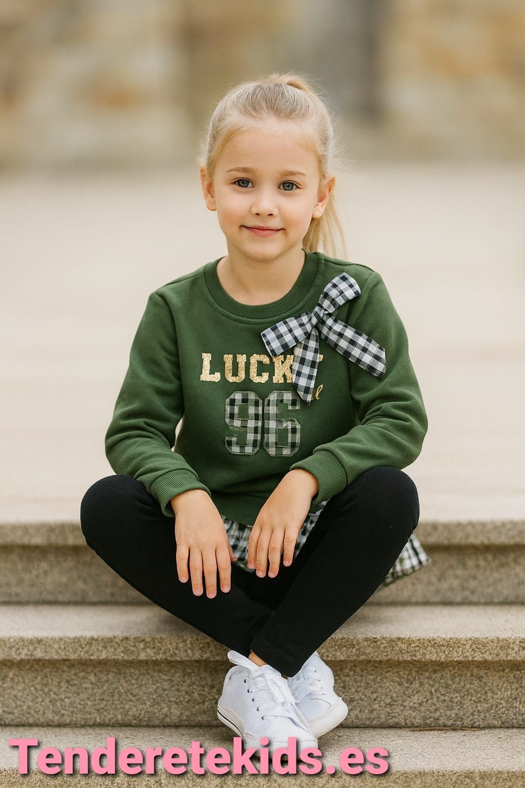 Conjunto verde Lucky con lazo vichy negro