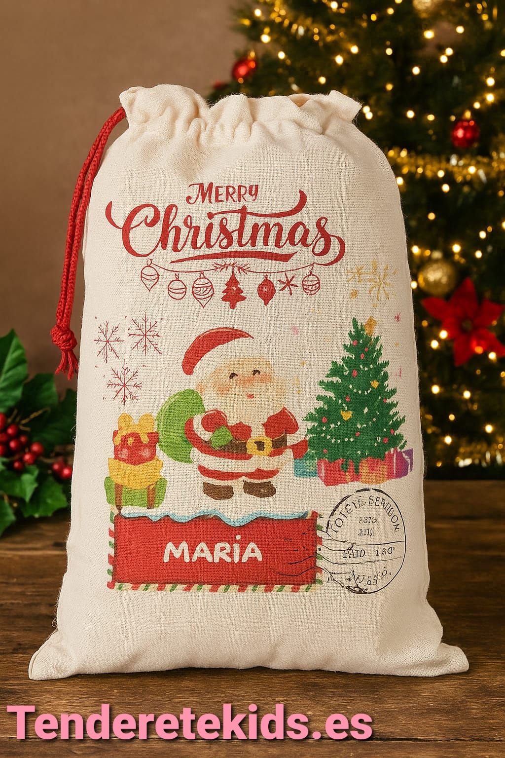 Saco navideño personalizable con nombre (Modelo Papá Noel Árbol de Navidad)