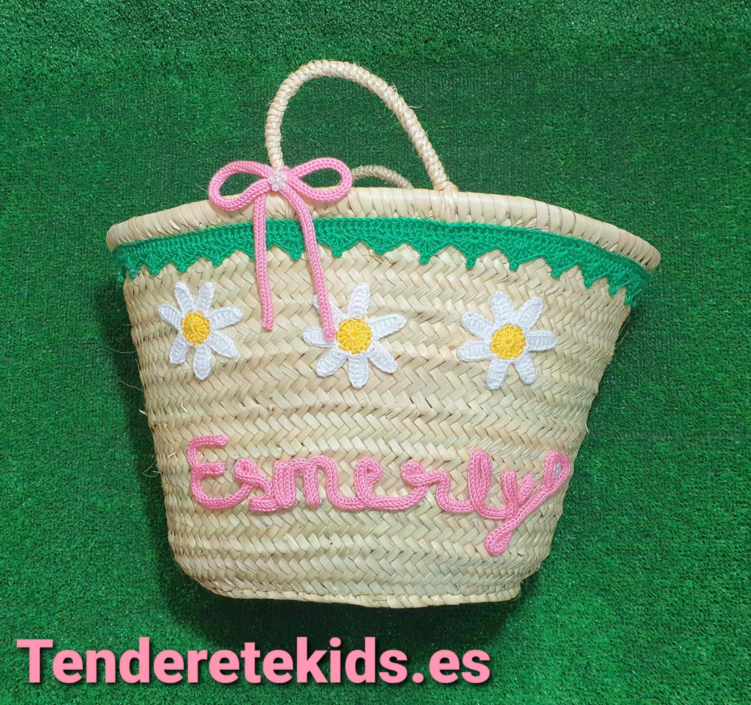 Cesta mediana de cordoncillo verde con margaritas personalizado con nombre