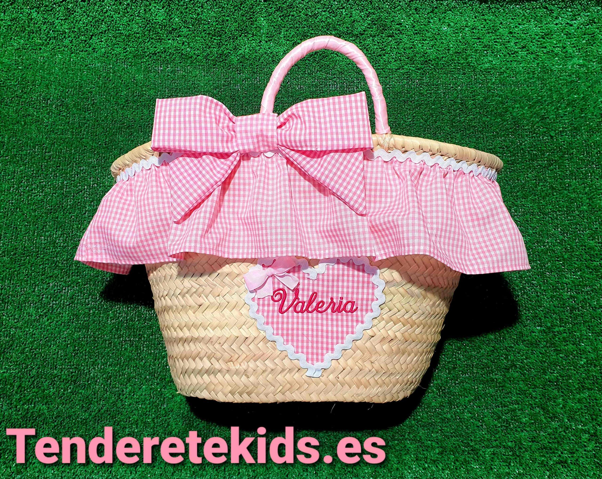 Cesta mediana vichy rosa con zigzag blanco personalizable con nombre (modelo cuadro pequeño)