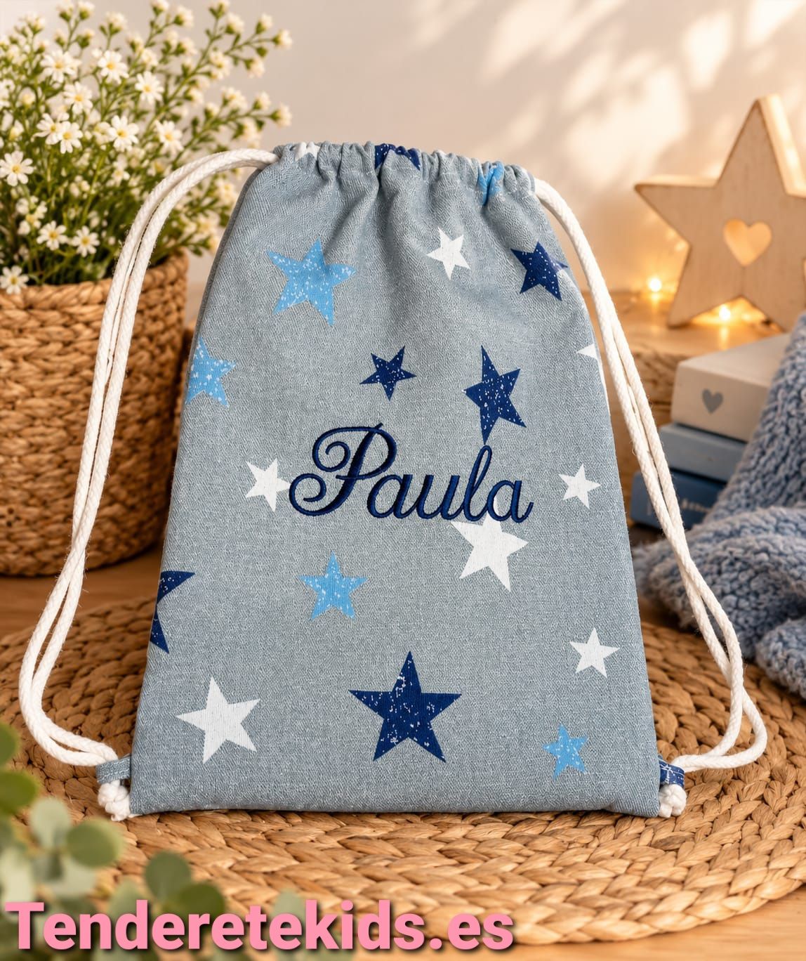 Mochila saco gris estampado estrellas personalizable con nombre