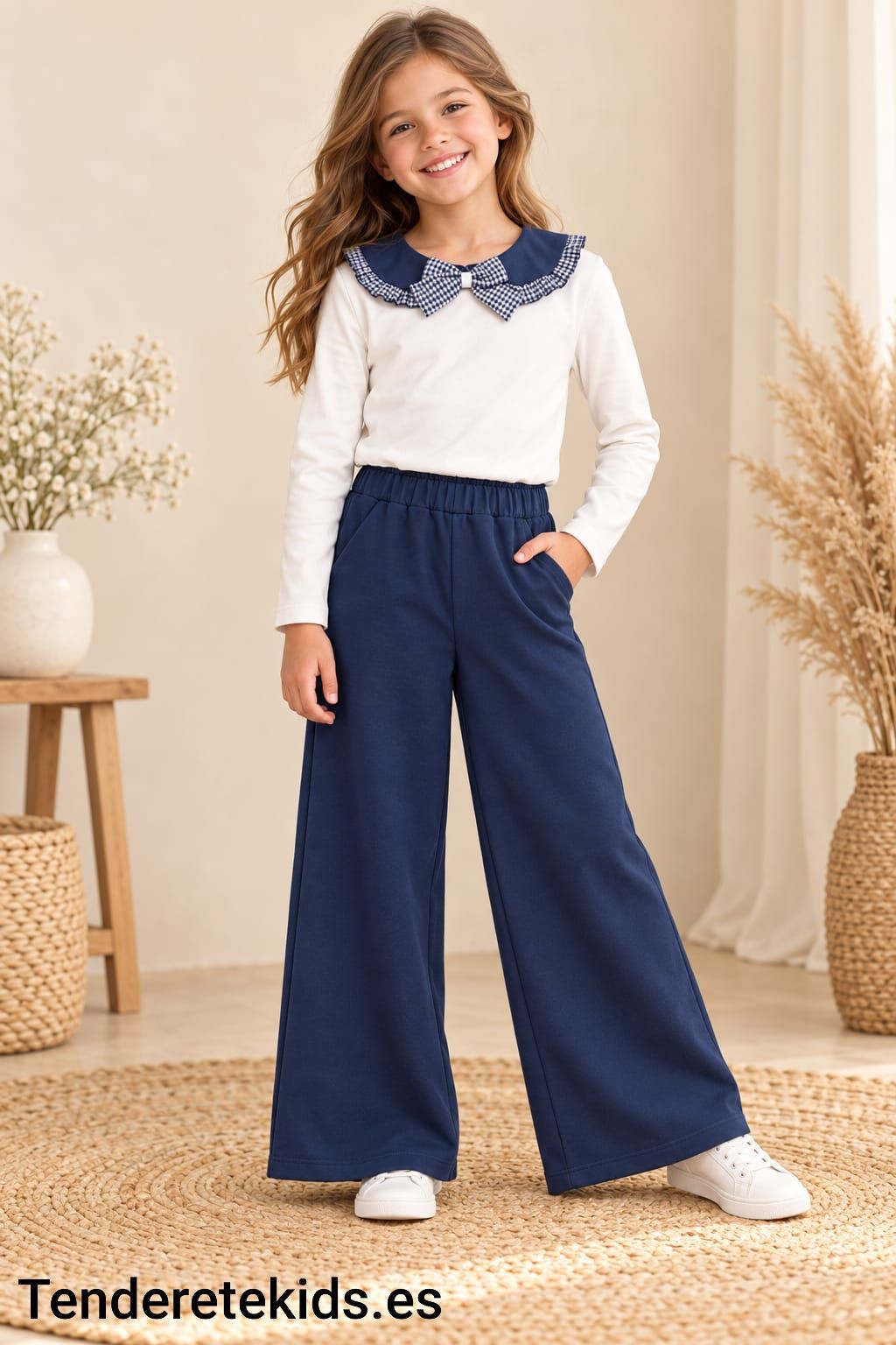 Conjunto marino camiseta cuello bebé y pantalón de campana