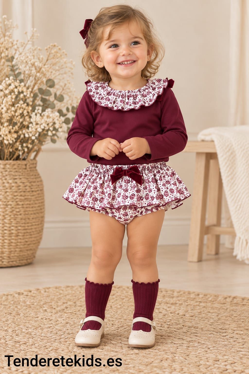Conjunto burdeos cuello volantes y braga-falda estampada flores