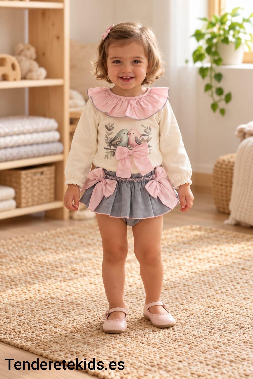 Conjunto pajaritos enamorados cuello volante con braga-falda gris