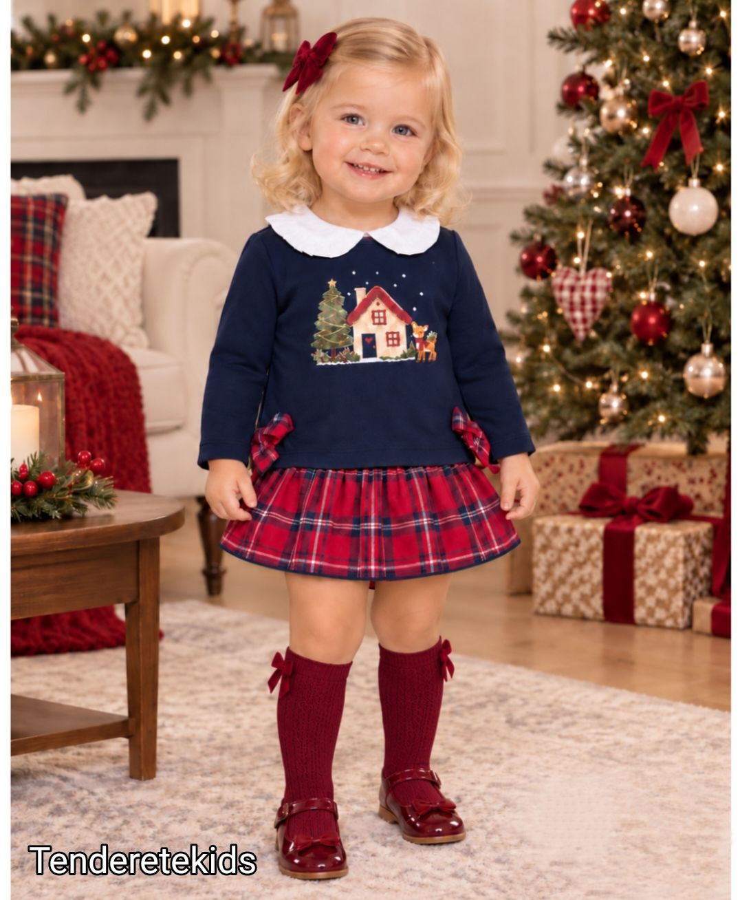Conjunto navideño de cuello bebé con falda vichy roja