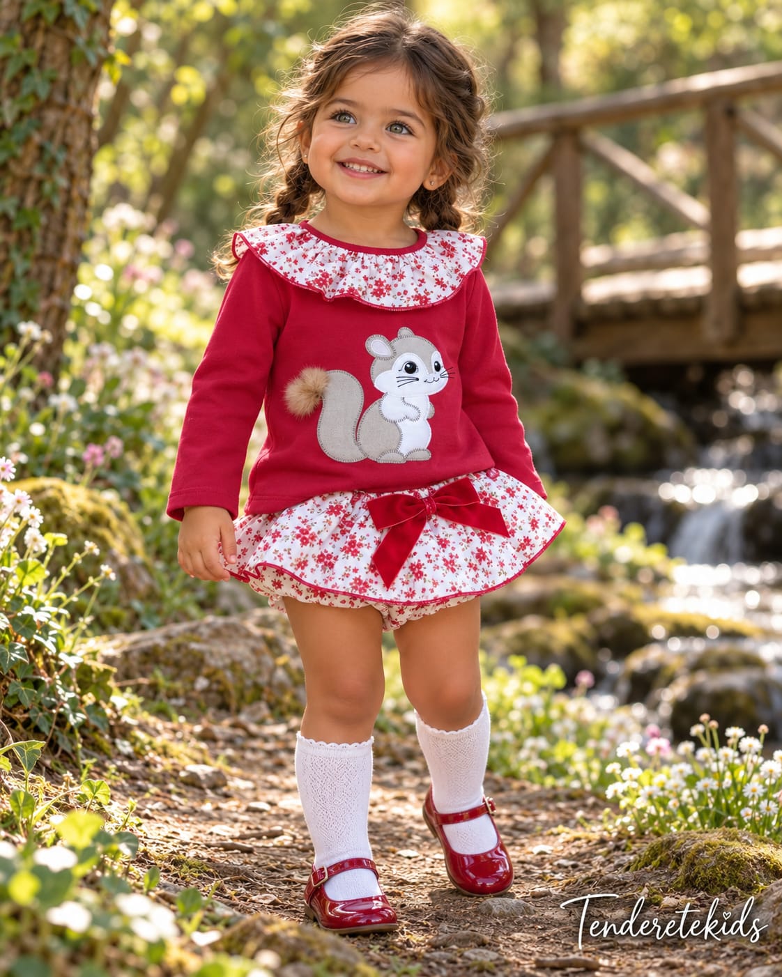 Conjunto rojo ardilla con braga-falda estampada