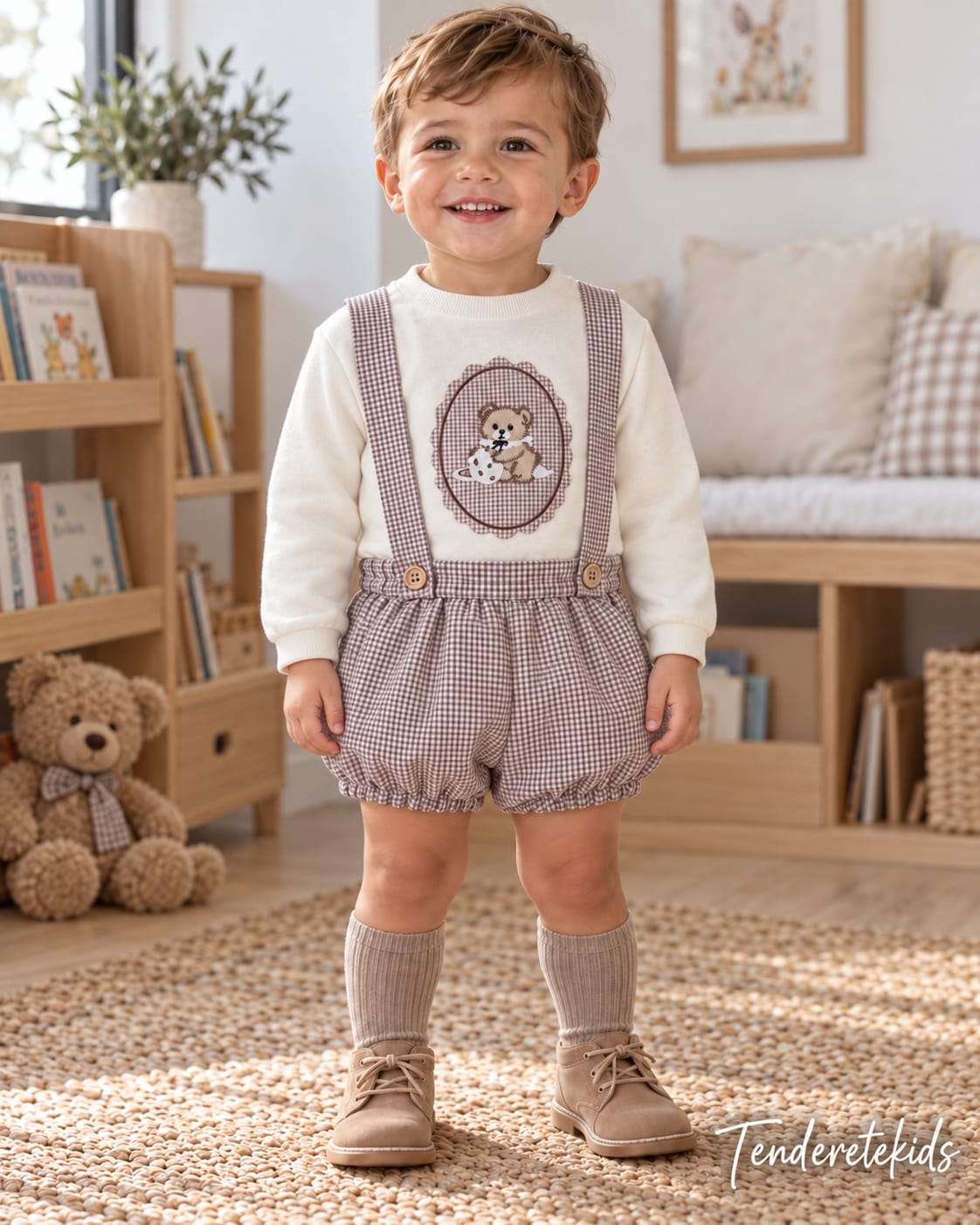 Conjunto osito aplique con pantalón vichy de tirantes