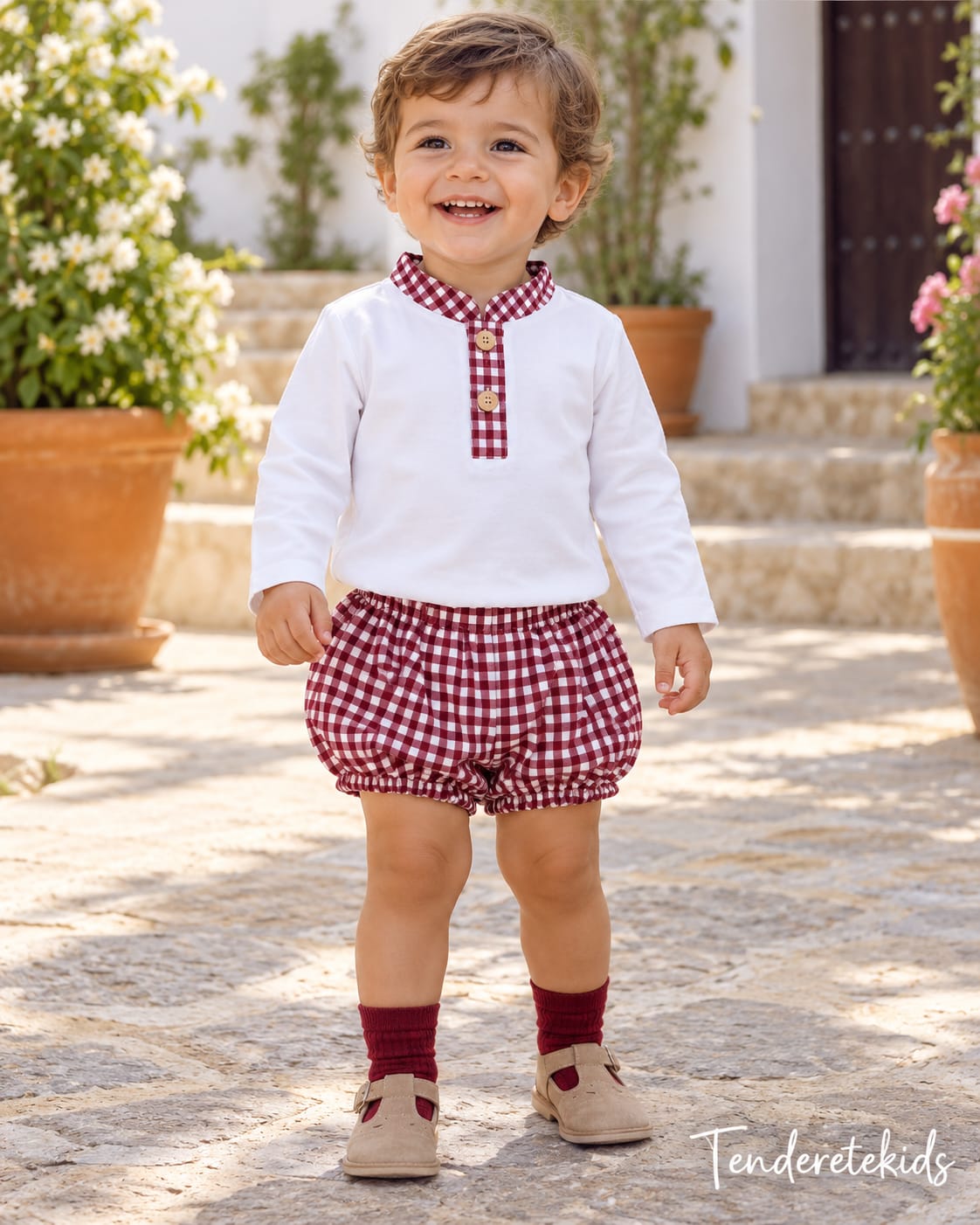 Conjunto camisa de botones con braguita vichy burdeo