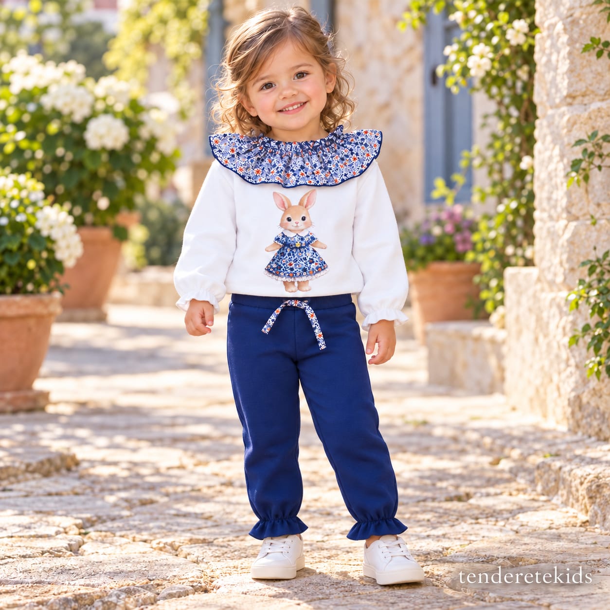 Conjunto azul conejita con cuello volante estampado