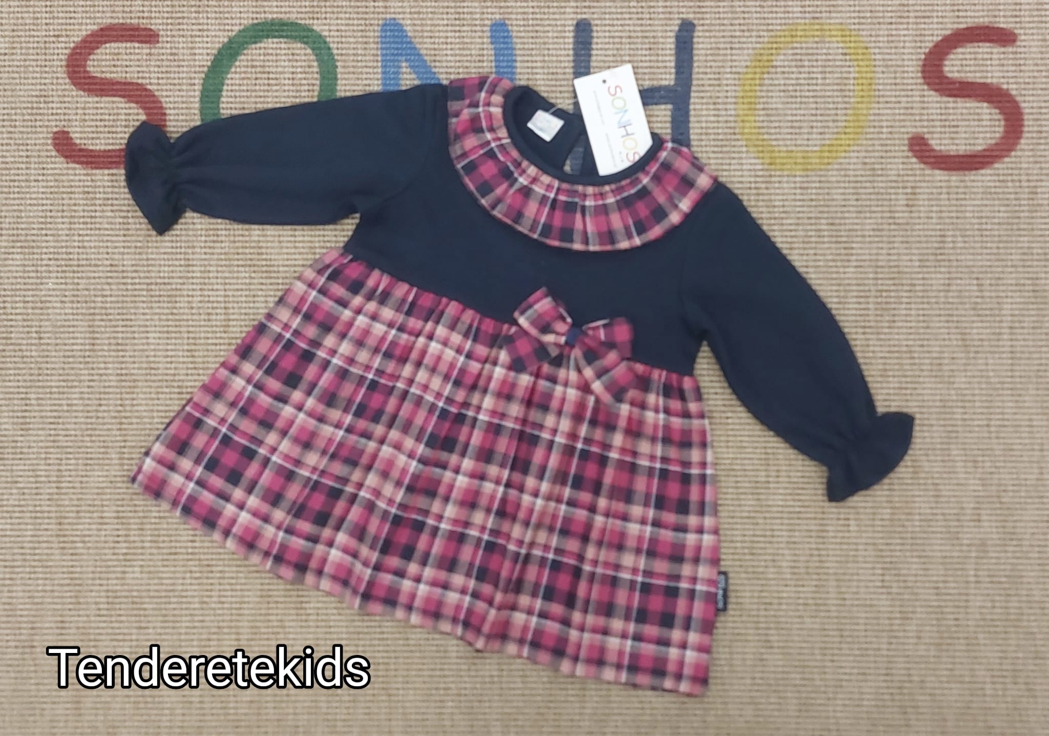 Vestido marino bebé con cuello y falda vichy fuscia