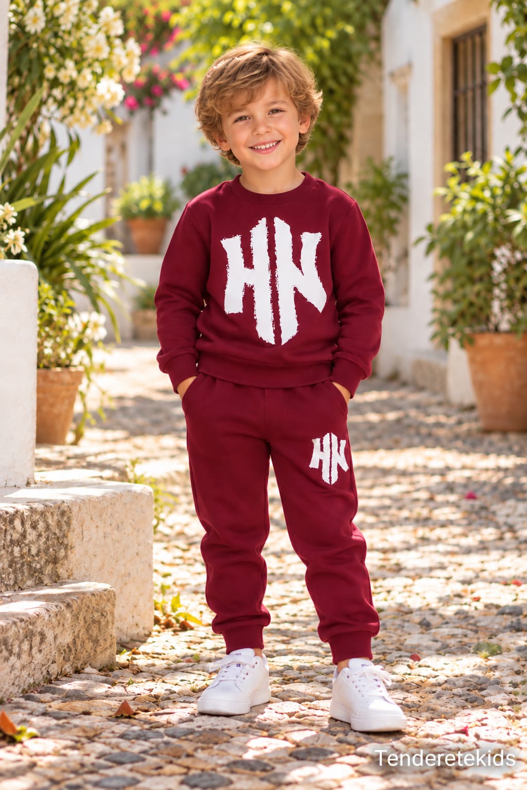 Chandal juvenil burdeos liso con estampado blanco