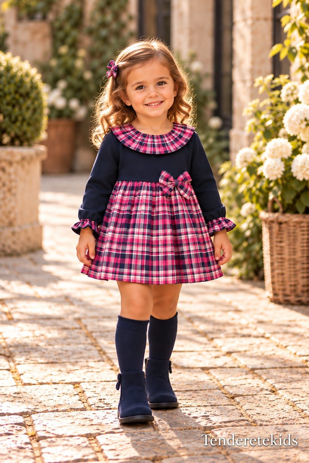 Vestido marino bebé con cuello y falda vichy fuscia