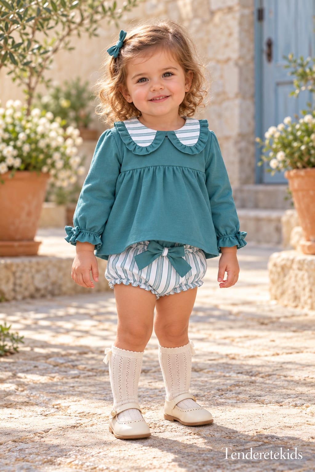 Conjunto verde agua de camisa cuello bebé y braguita rayada