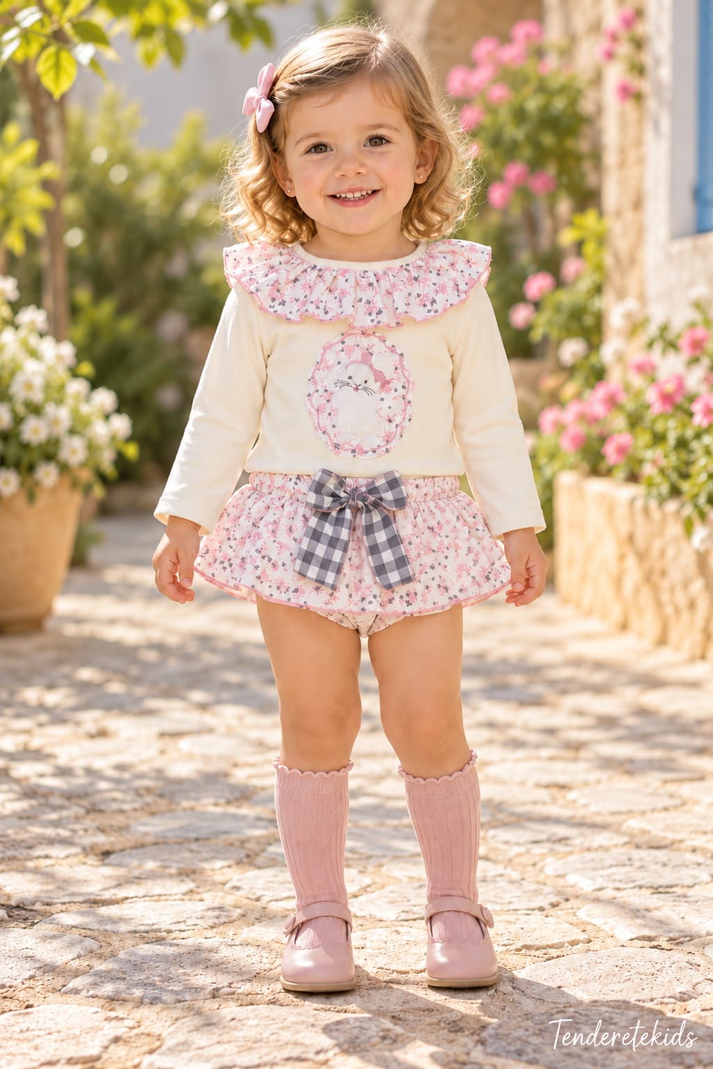 Conjunto conejita aplique cuello volantes y braga-falda estampada flores