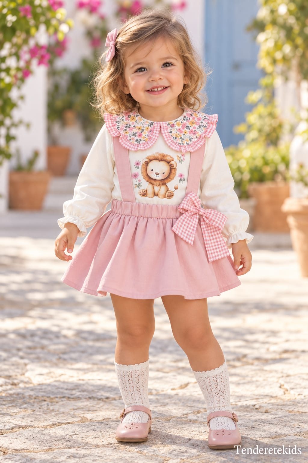 Conjunto leoncita florecitas rosa de braga-falda con tirantes