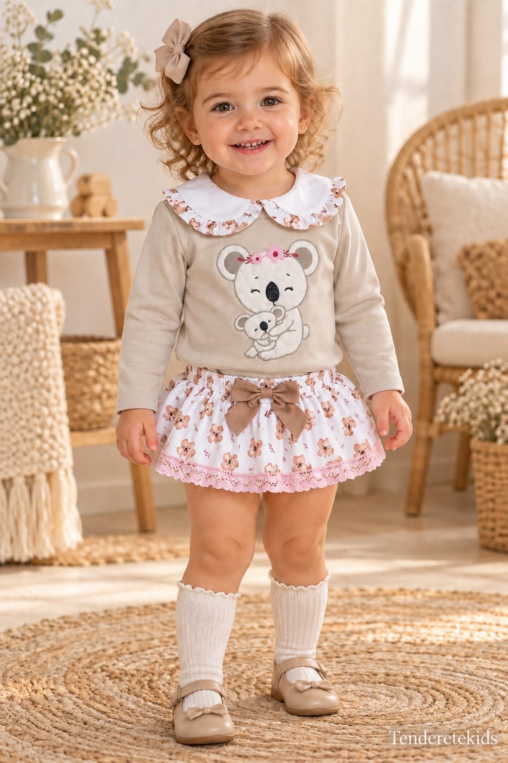 Conjunto mamá koala de cuello bebé con braga-falda estampada