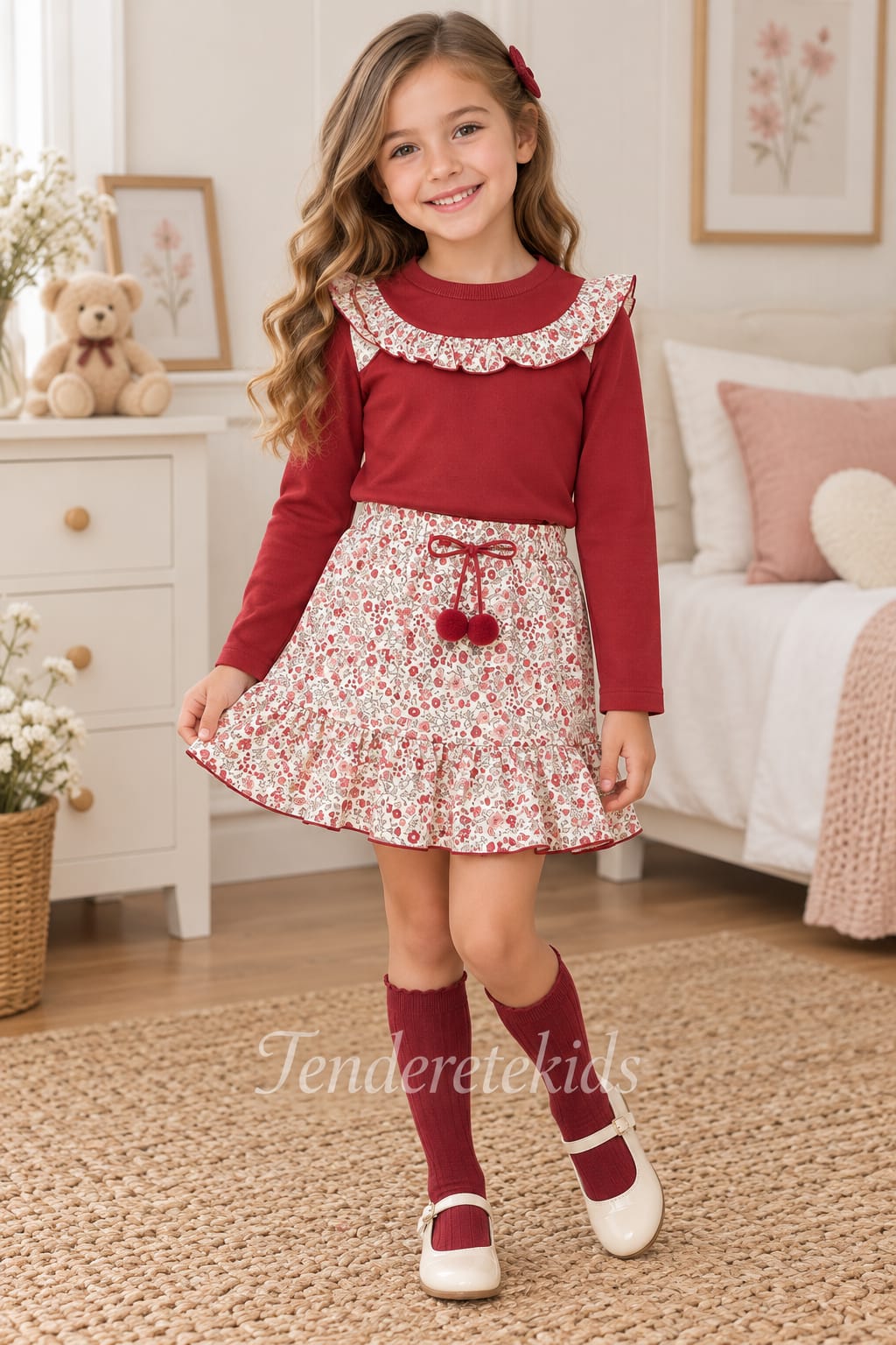 Conjunto burdeo elegante con falda estampada florecitas