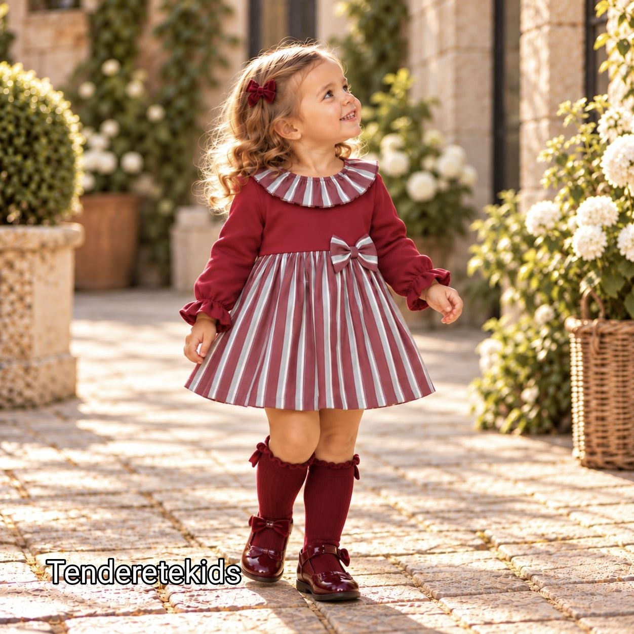 Vestido burdeo de cuello volante y falda rayada