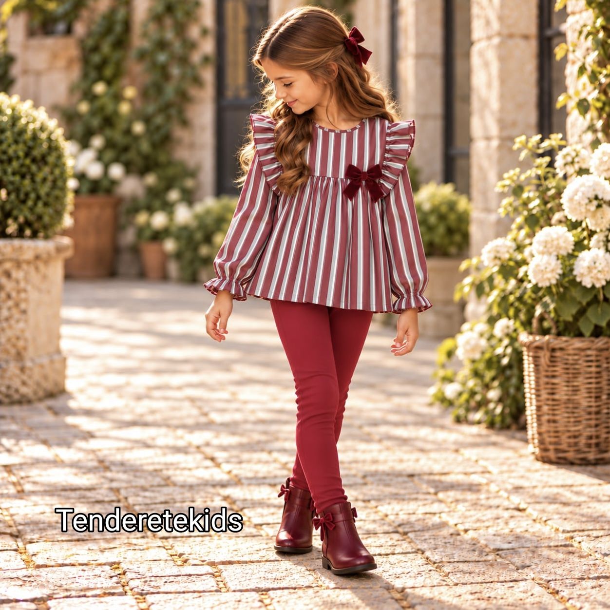 Conjunto burdeo camisa rayada con volantes en hombros