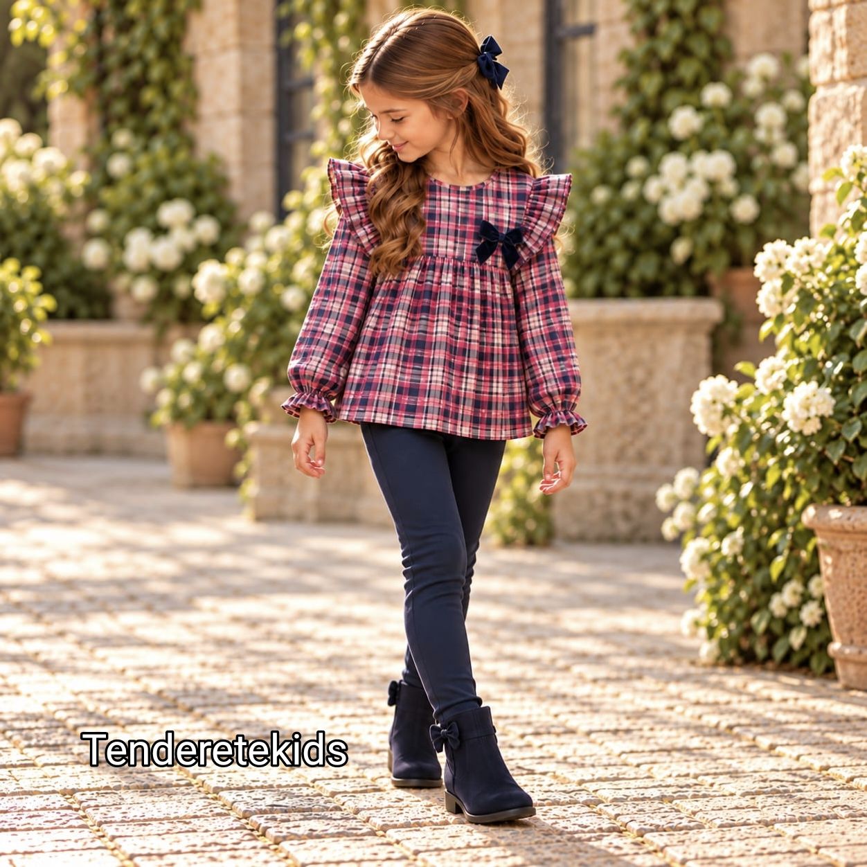 Conjunto marino camisa cuadros con volantes en hombros