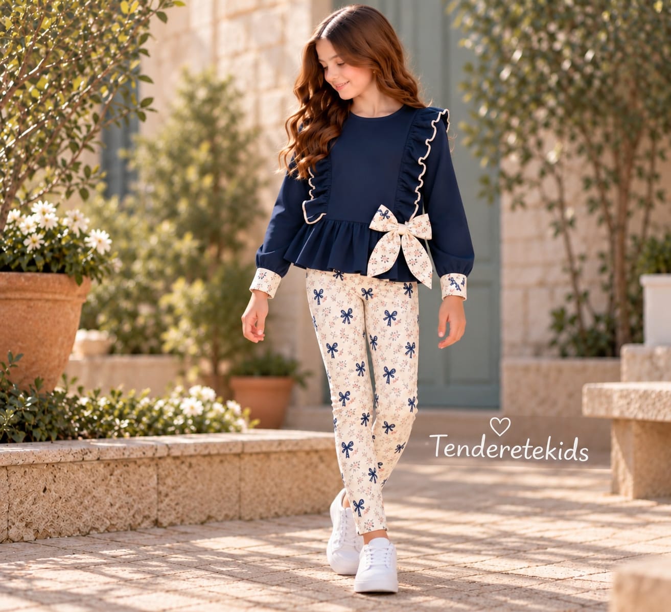 Conjunto marino con sudadera de volantes y pantalón estampado lazos
