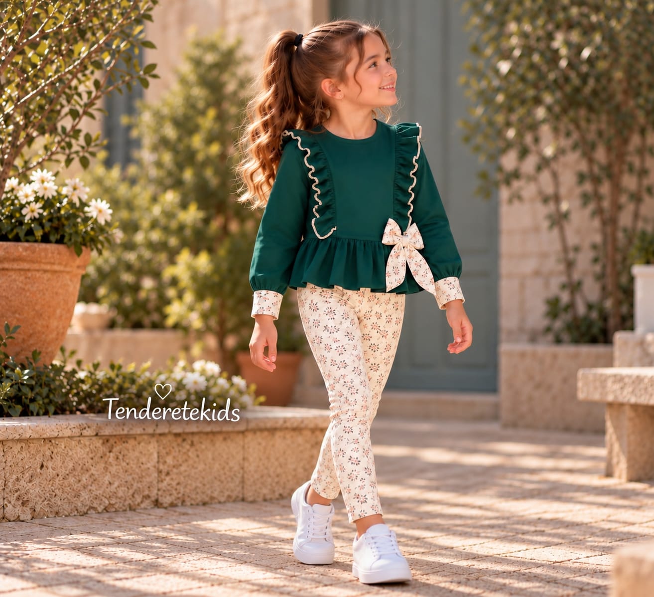 Conjunto verde con sudadera de volantes y pantalón estampado lazos
