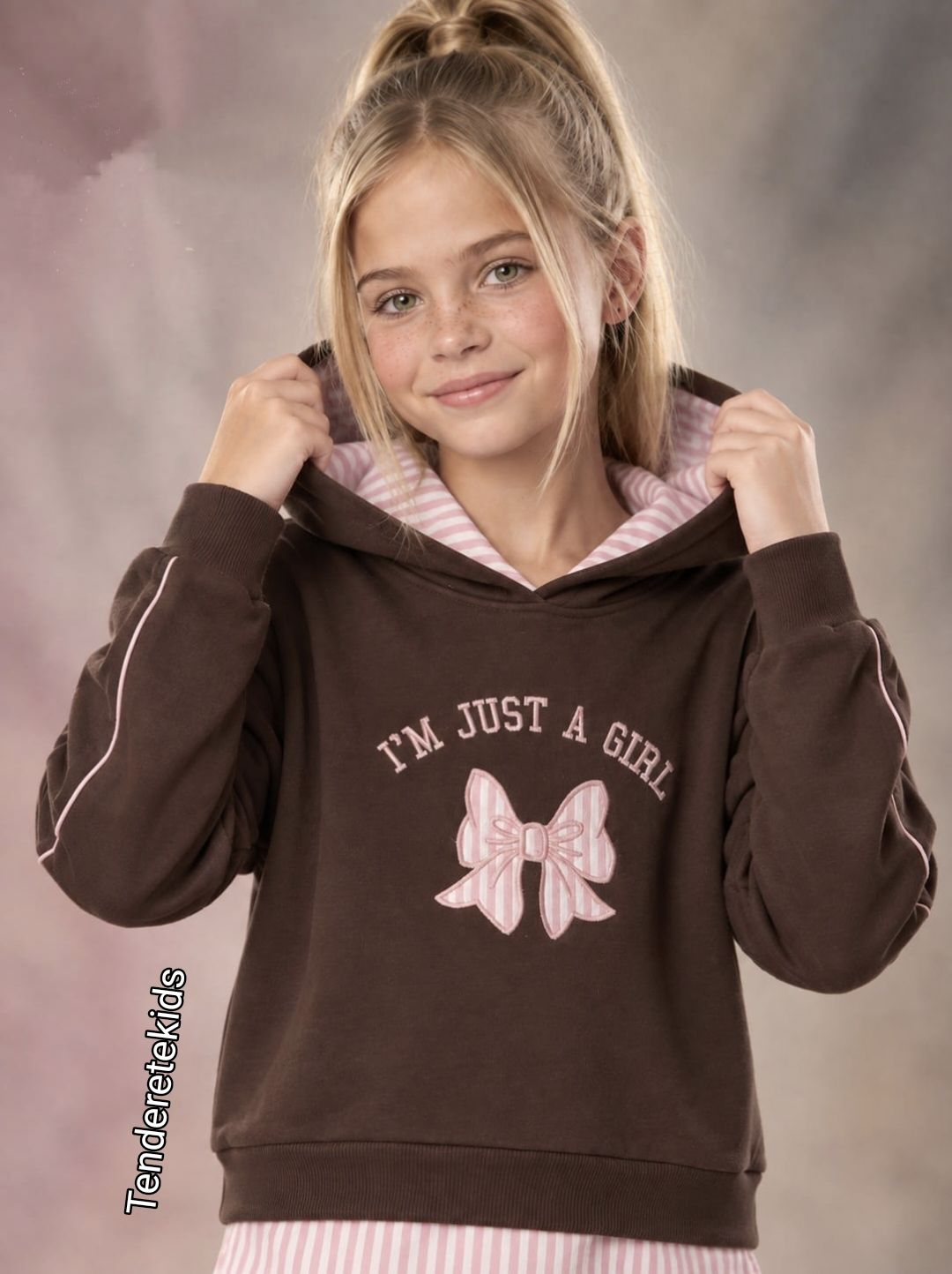 Chándal marrón girl con interior rayado rosa