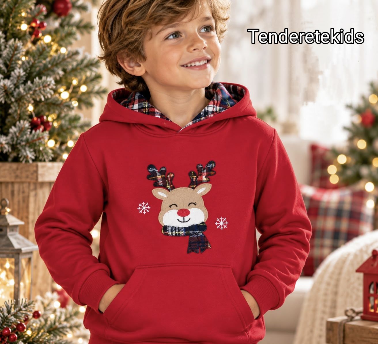 Sudadera roja reno unisex con bolsillo canguro