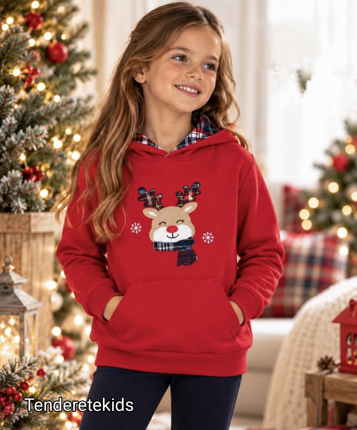 Sudadera roja reno unisex con bolsillo canguro