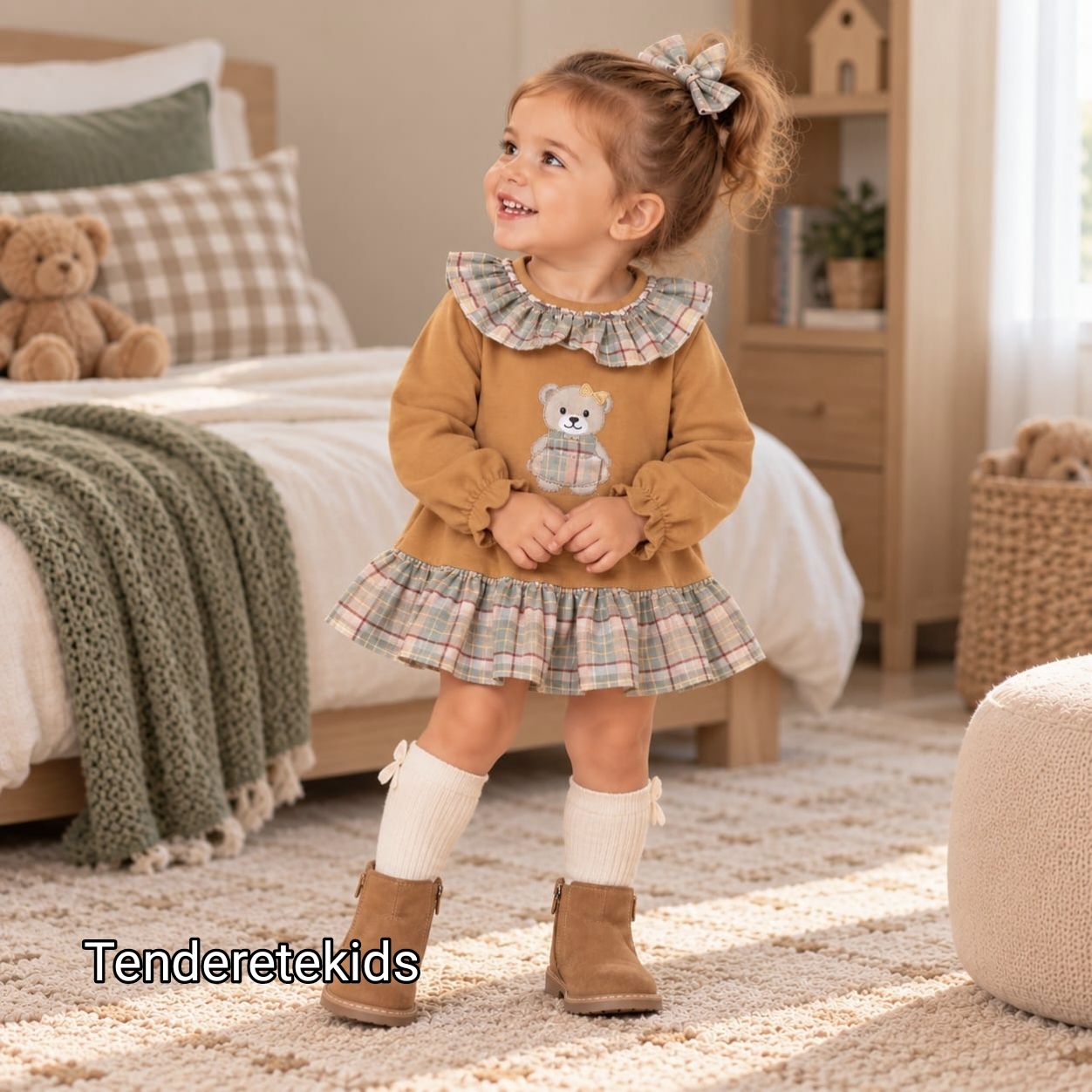 Vestido mostaza osita de cuello volante