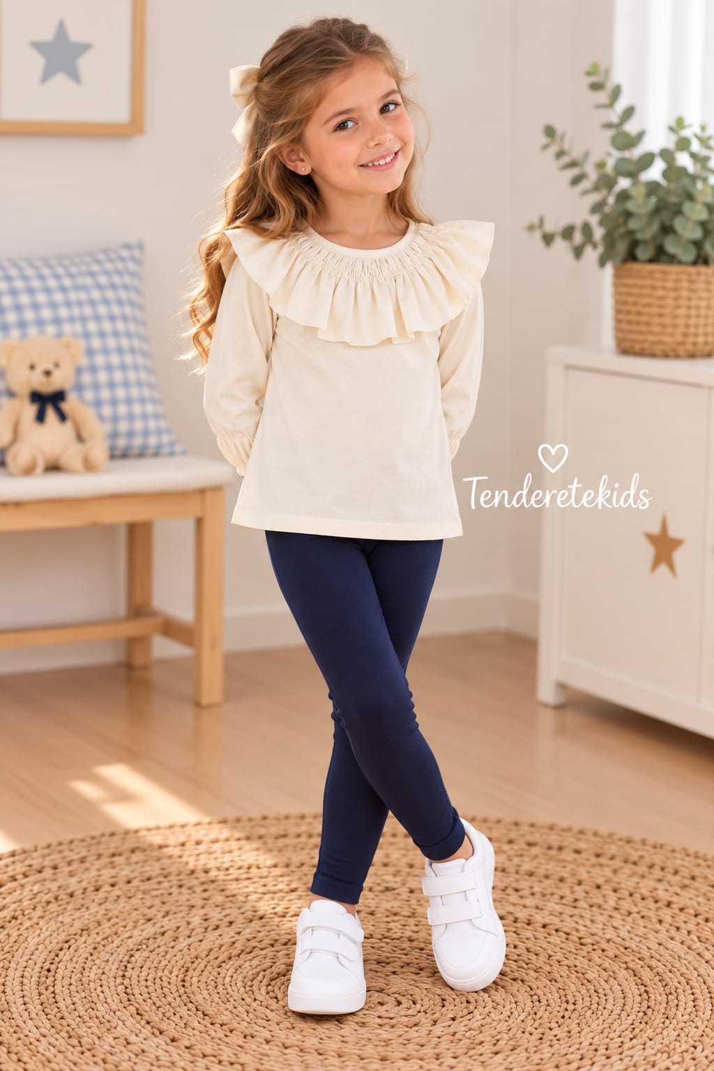 Conjunto camisa lisa marfil de cuello volante