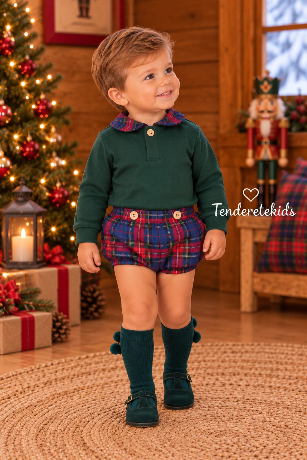 Conjunto verde zapatitos niño cuello bebé con braga vichy rojo