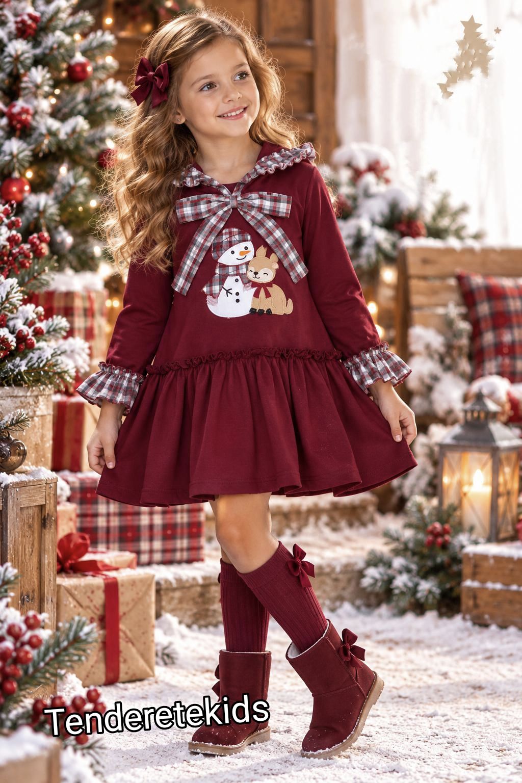 Vestido burdeos navideño de cuento con lazada