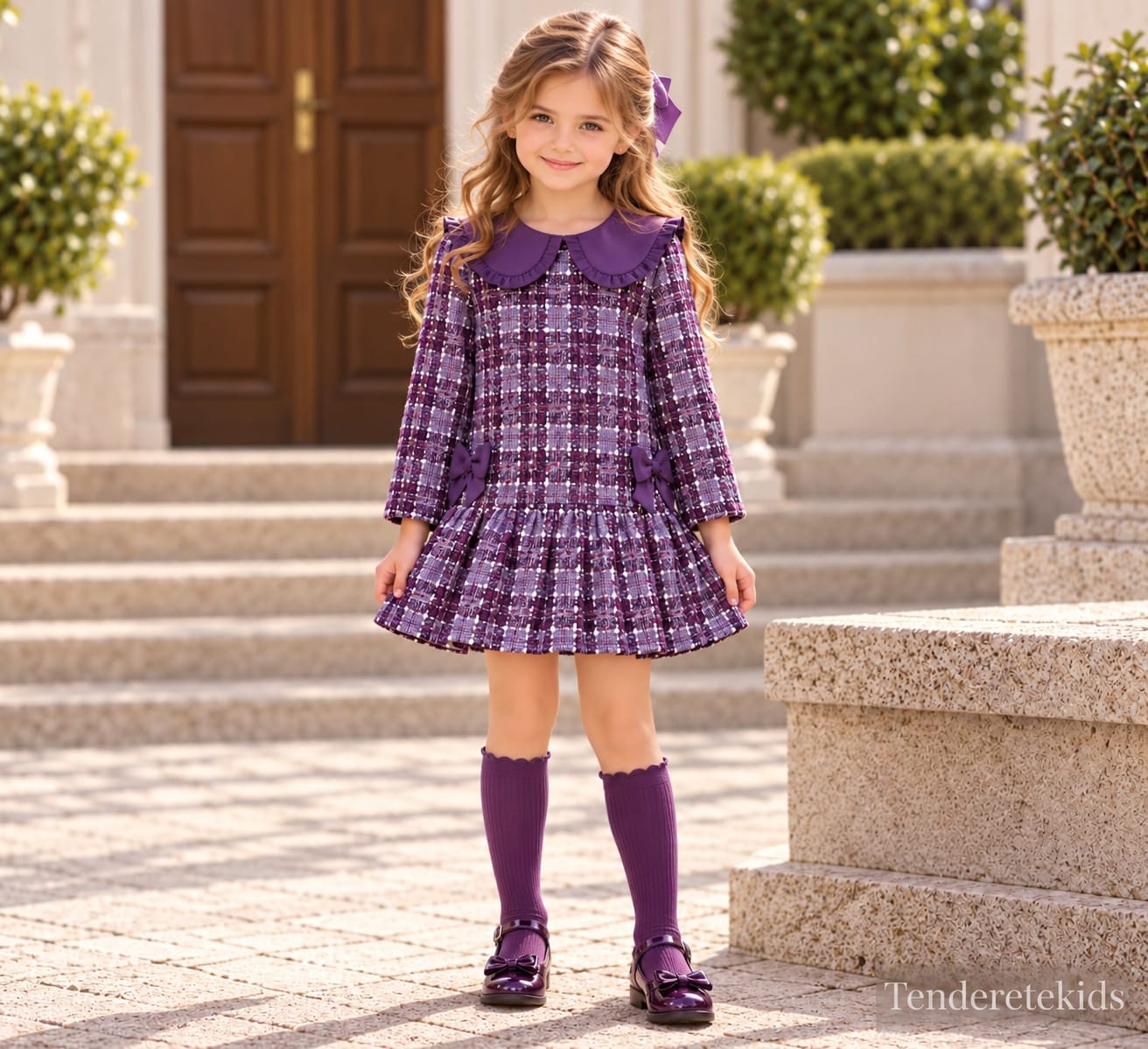 Vestido malva cuadros con cuello bebé