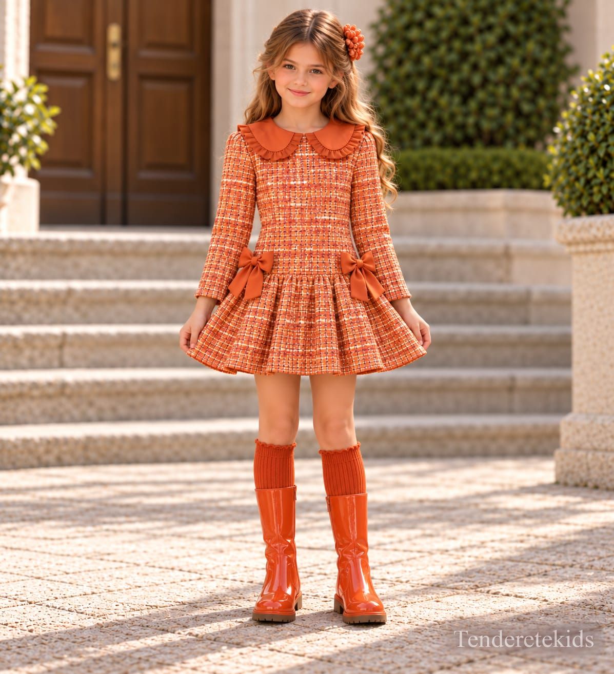 Vestido naranja cuadros con cuello bebé