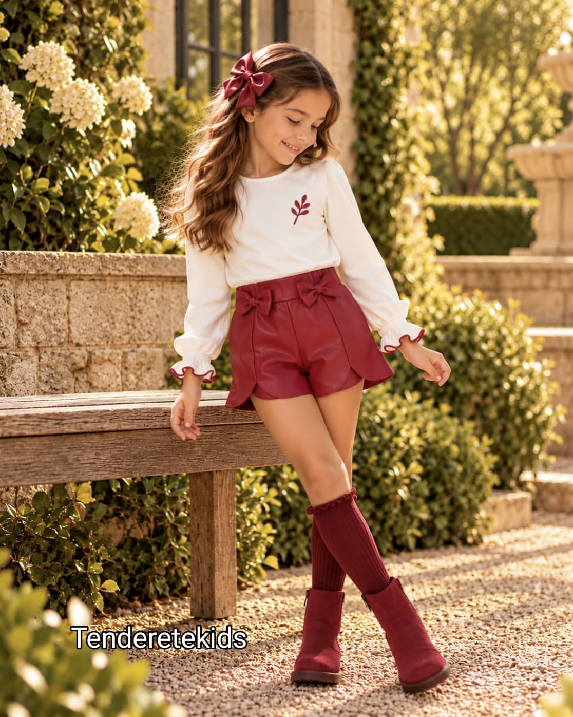 Conjunto elegante de pantalón polipiel rojo con lazos