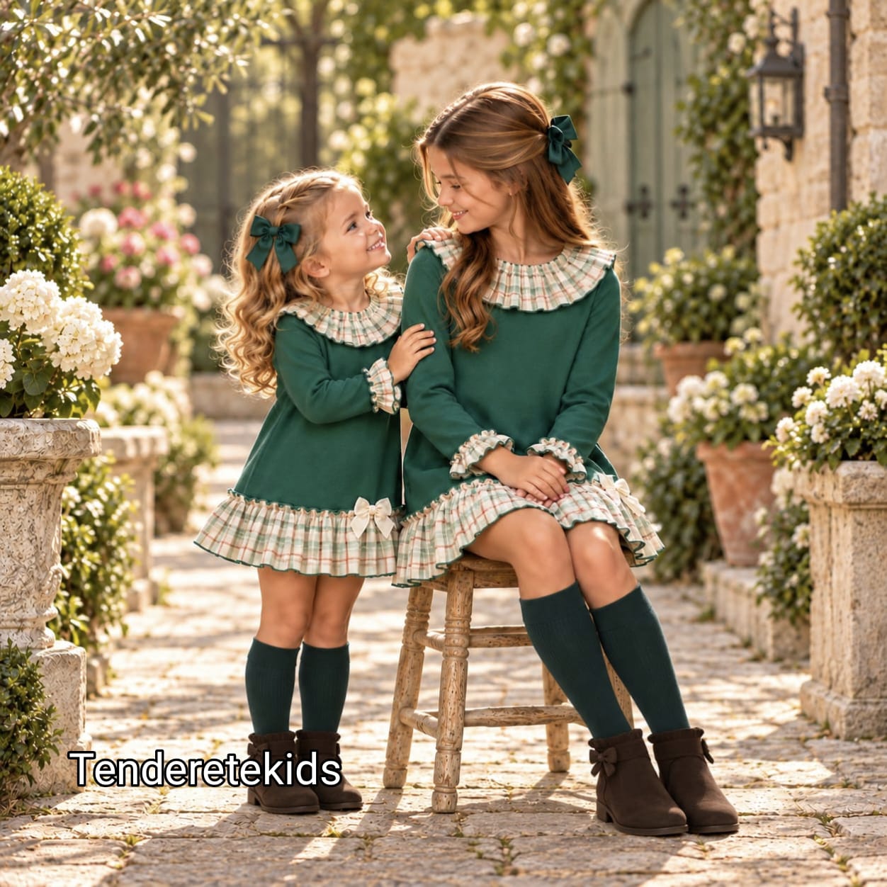 Vestido verde con cuello volante vichy