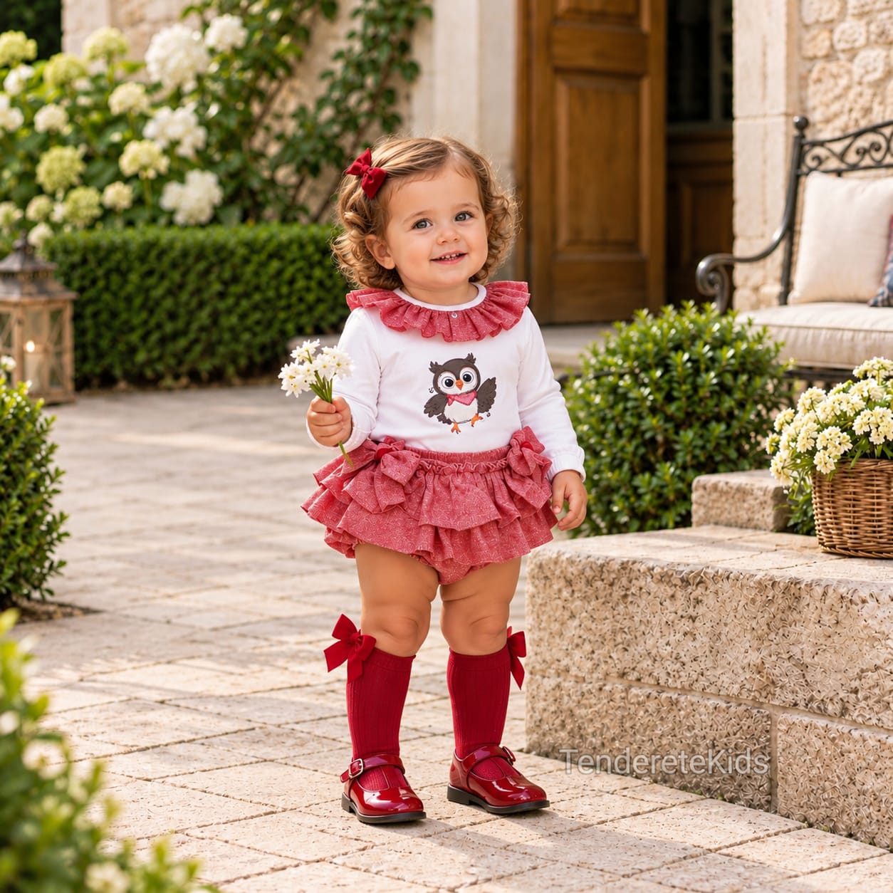 Conjunto búho rojo cuello volante con braga-falda