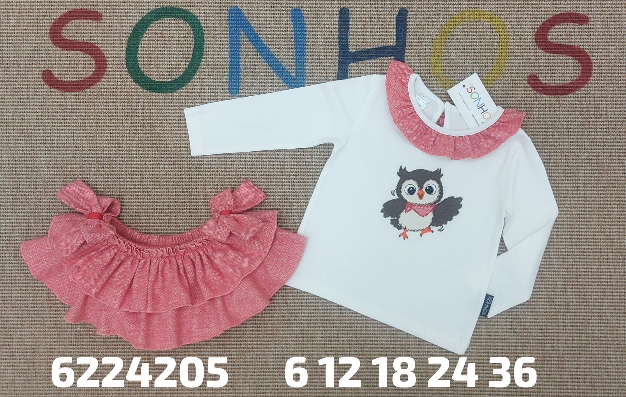 Conjunto búho rojo cuello volante con braga-falda