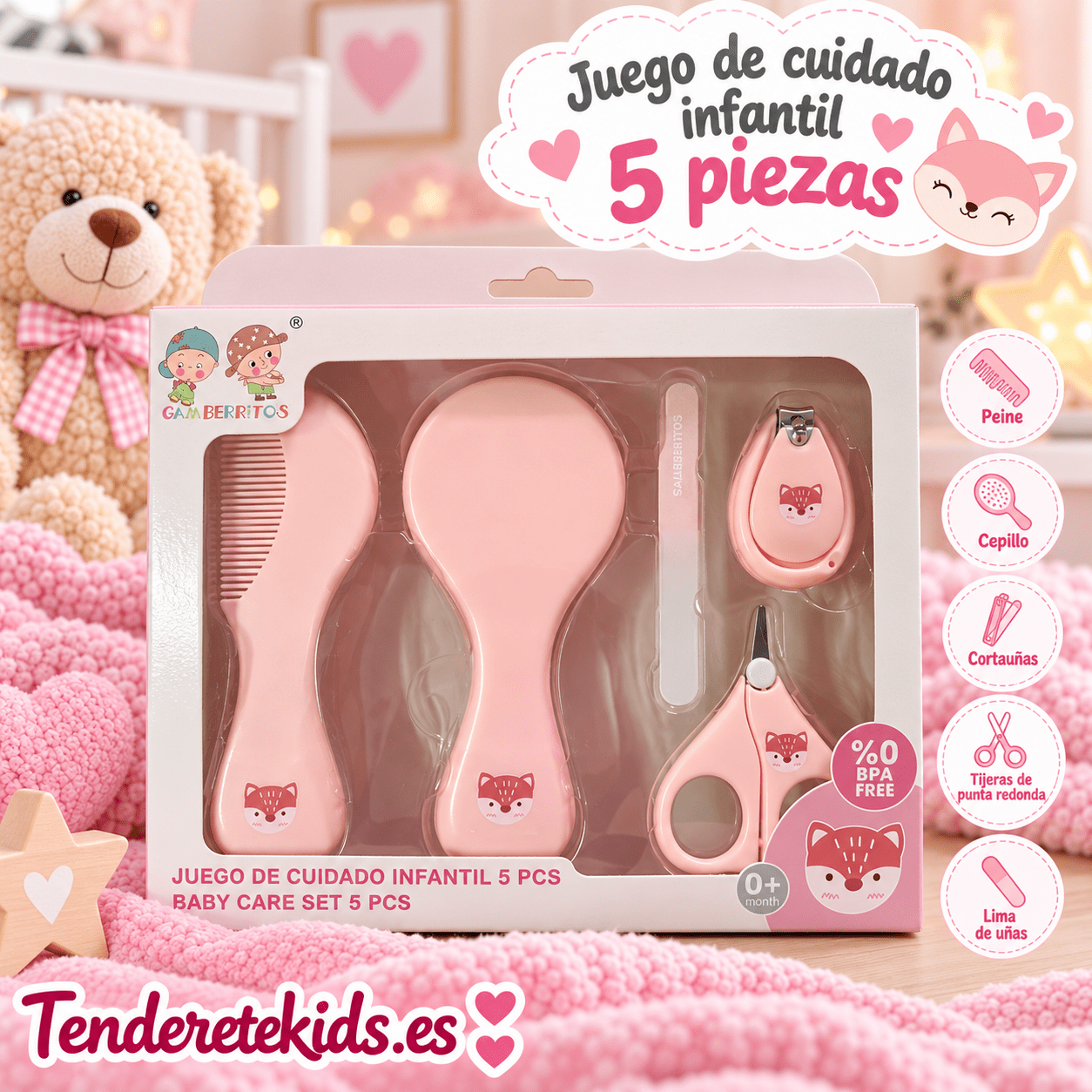 Juego cuidado bebé rosa Gamberritos 5 piezas