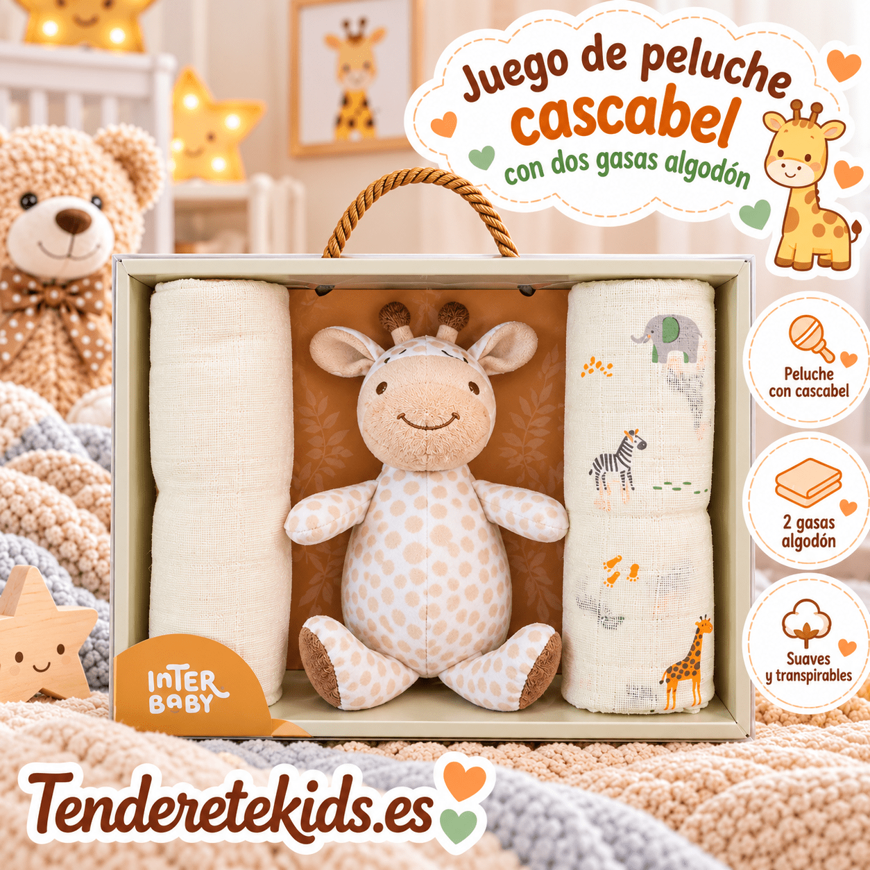 Juego peluche cascabel jirafa + dos gasas algodón