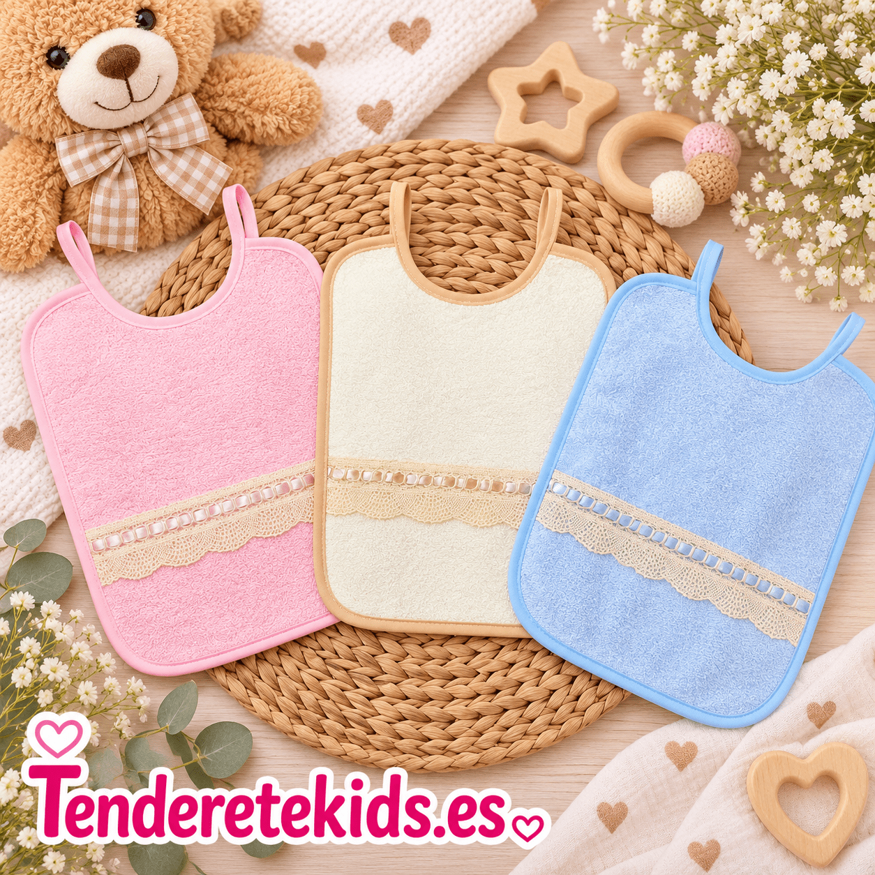 Baberos rectangulares de encaje camel en tres colores a elegir